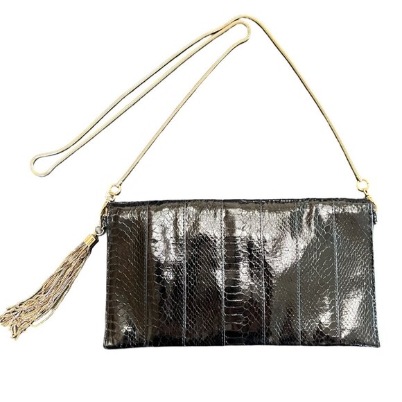 Caché Snakeskin Gold Tone Tassel Clutch - Picture 2 of 7